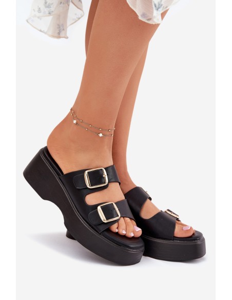 Womens Wedge And Platform Slippers With Buckles Black Nitarelia