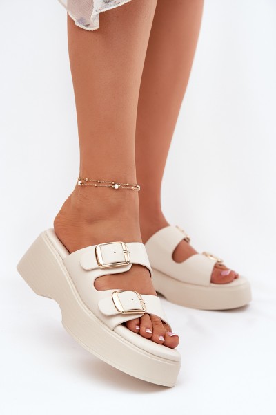 Wedge And Platform Women's Slippers With Buckles Light Beige Nitarelia