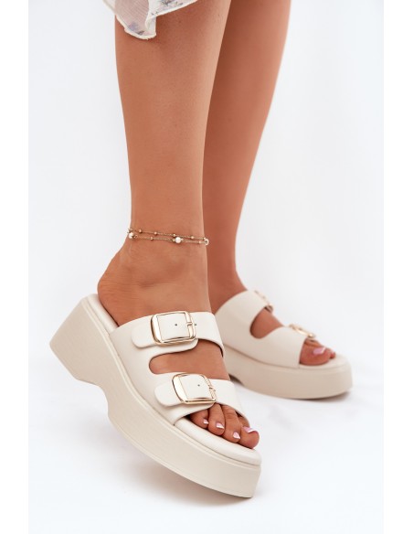 Wedge And Platform Women's Slippers With Buckles Light Beige Nitarelia