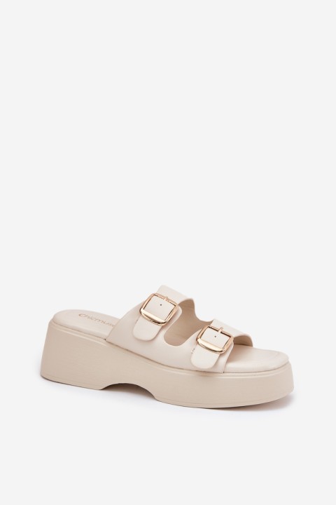 Wedge And Platform Women's Slippers With Buckles Light Beige Nitarelia