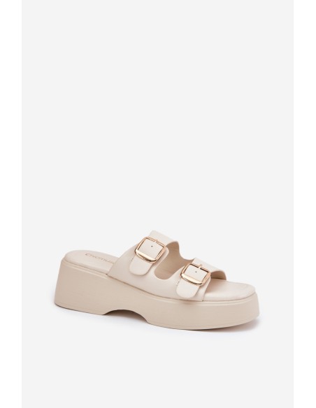 Wedge And Platform Women's Slippers With Buckles Light Beige Nitarelia