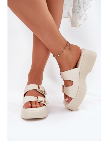 Wedge And Platform Women's Slippers With Buckles Light Beige Nitarelia
