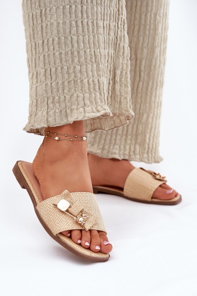 Ladies Flat Heeled Sandals With Bow Beige Sallariela