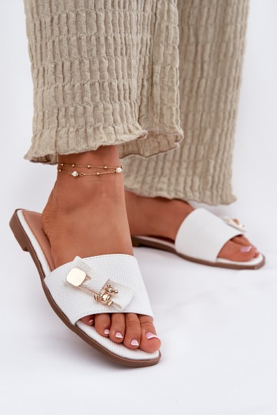 Women's Flat Heeled Slippers With Bow White Sallariela