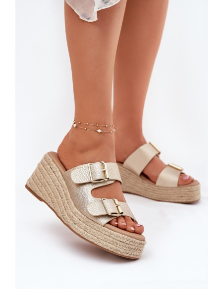 Wedge Sandals For Women With Braiding And Buckles Gold Pasinea