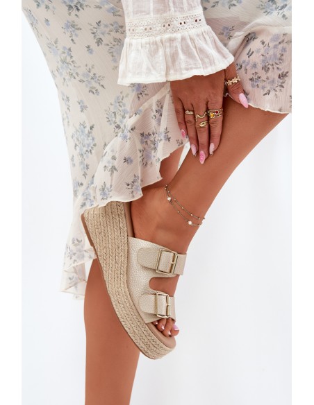 Wedge Sandals For Women With Braiding And Buckles Gold Pasinea