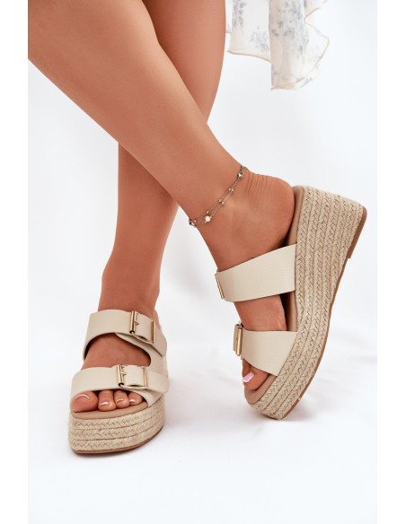 Ladies Wedge Slippers With Weaving And Buckles Beige Pasinea