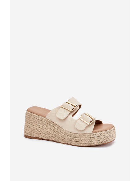 Ladies Wedge Slippers With Weaving And Buckles Beige Pasinea