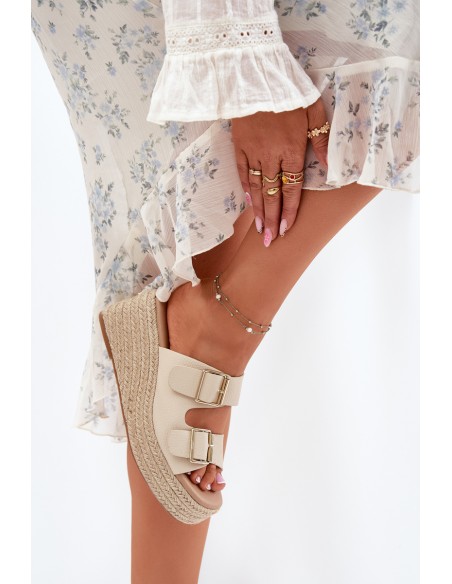 Ladies Wedge Slippers With Weaving And Buckles Beige Pasinea