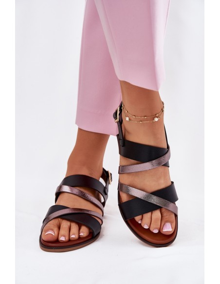 Ladies Sandals With Flat Heel And Straps Black Sergio Leone SK086H