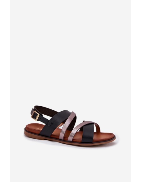 Ladies Sandals With Flat Heel And Straps Black Sergio Leone SK086H