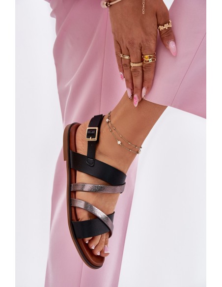 Moteriškos basutės su plokščiu kulnu ir dirželiais, juodos Sergio Leone SK086H