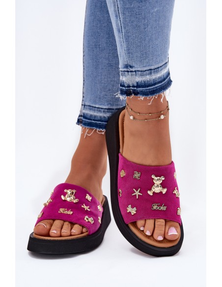 Women's Suede Slippers With Pins Fuchsia Vinceza 66741
