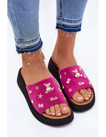 Women's Suede Slippers With Pins Fuchsia Vinceza 66741