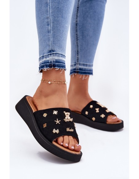 Ladies Suede Slippers With Clips Black Vinceza 66741