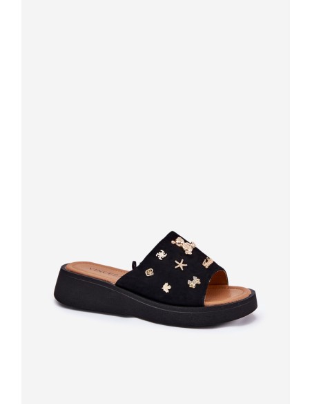 Ladies Suede Slippers With Clips Black Vinceza 66741