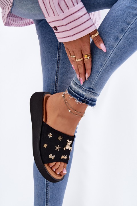 Ladies Suede Slippers With Clips Black Vinceza 66741