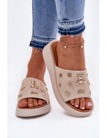 Women's Suede Slippers With Pins Vinceza 66741 Beige