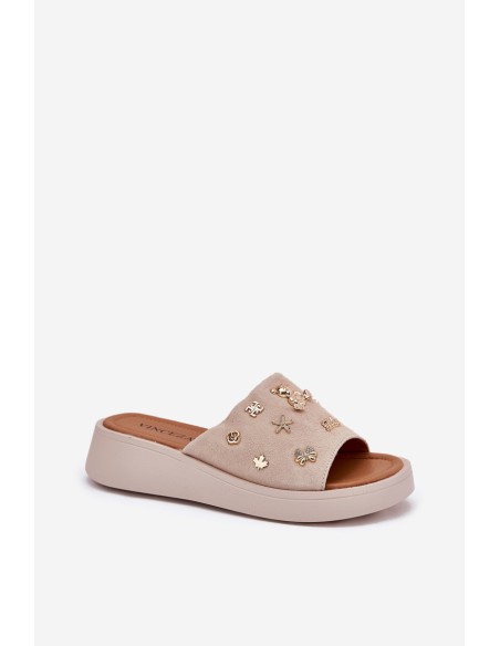 Women's Suede Slippers With Pins Vinceza 66741 Beige