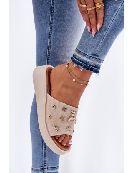 Women's Suede Slippers With Pins Vinceza 66741 Beige