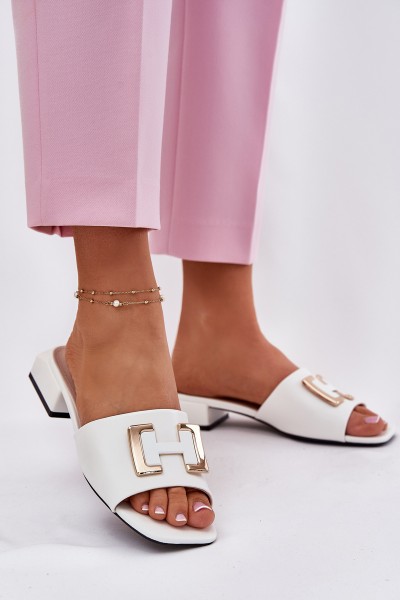 Elegant Women's Mules On A Block Heel With A Gold Detail Vinceza 62229 White