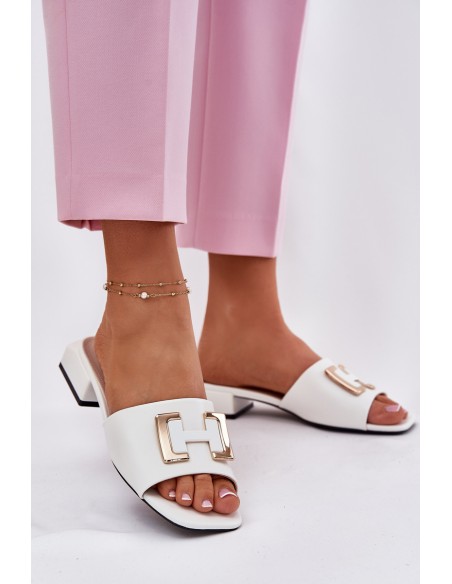Elegant Women's Mules On A Block Heel With A Gold Detail Vinceza 62229 White