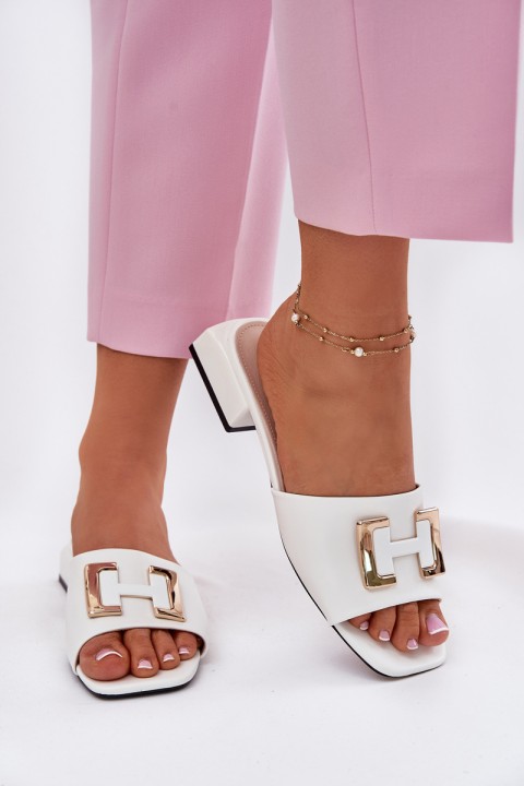 Elegant Women's Mules On A Block Heel With A Gold Detail Vinceza 62229 White