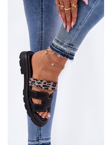 Leather Women's Sandals With Velcro Leopard Vinceza 66769 Black
