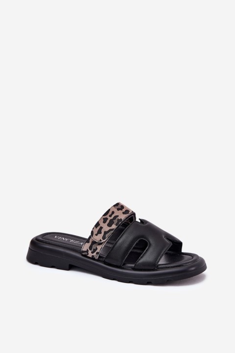 Leather Women's Sandals With Velcro Leopard Vinceza 66769 Black