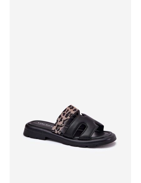 Leather Women's Sandals With Velcro Leopard Vinceza 66769 Black