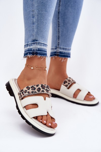 Ladies Leather Sandals With Velcro Leopard Vinceza 66769 Light Beige