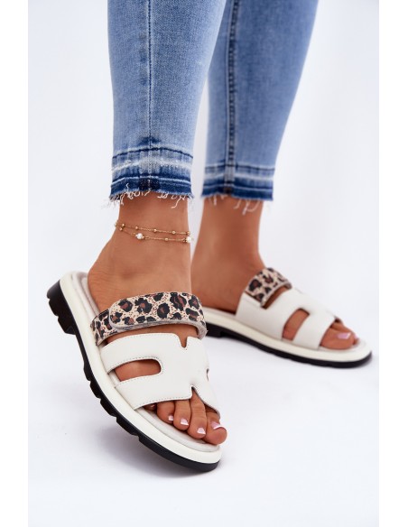 Ladies Leather Sandals With Velcro Leopard Vinceza 66769 Light Beige