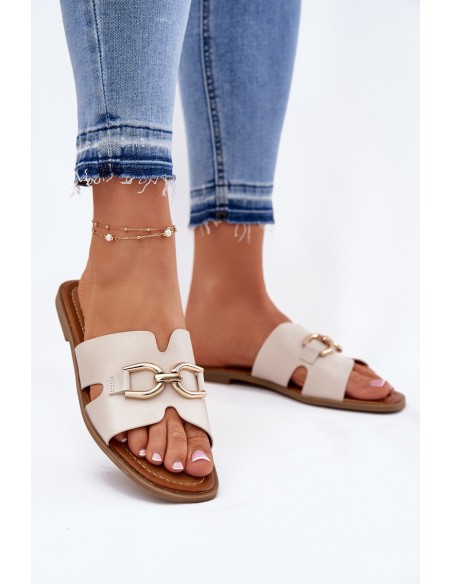 Ladies Flat Slippers With Decorative Detail Beige Amiresna