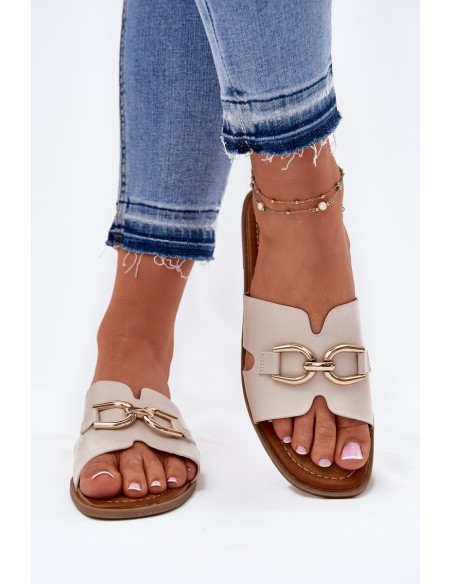 Ladies Flat Slippers With Decorative Detail Beige Amiresna