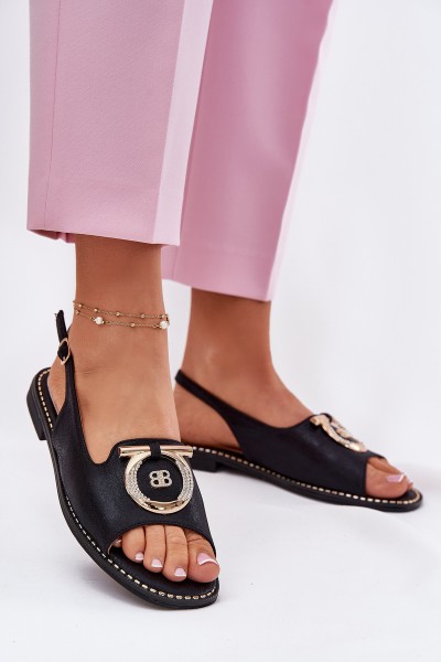 Elegant Sandals With Decoration On Flat Heel S.Barski KV51-003 Black