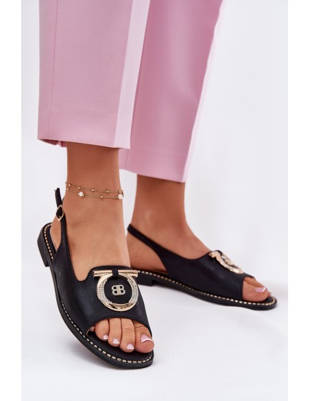 Elegant Sandals With Decoration On Flat Heel S.Barski KV51-003 Black
