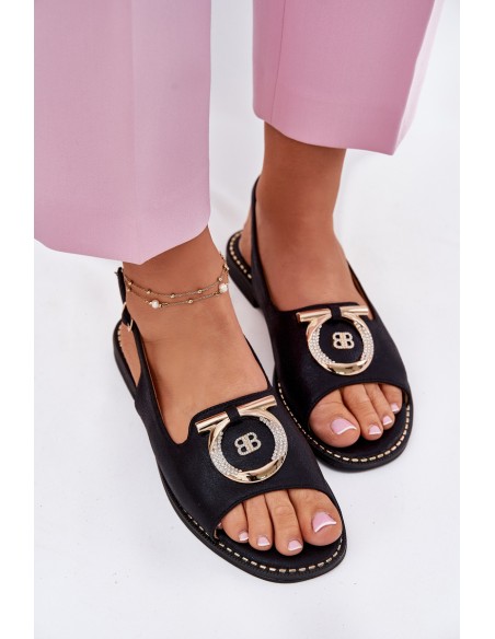Elegant Sandals With Decoration On Flat Heel S.Barski KV51-003 Black