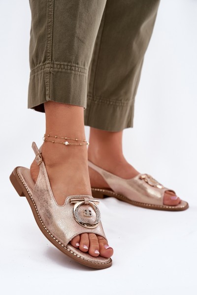 Elegant Sandals With Decoration On Flat Heel S.Barski KV51-003 Rose Gold