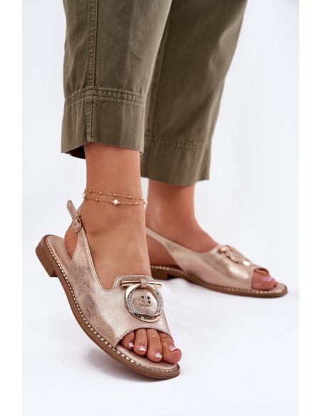 Elegant Sandals With Decoration On Flat Heel S.Barski KV51-003 Rose Gold