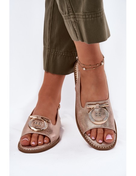 Elegant Sandals With Decoration On Flat Heel S.Barski KV51-003 Rose Gold