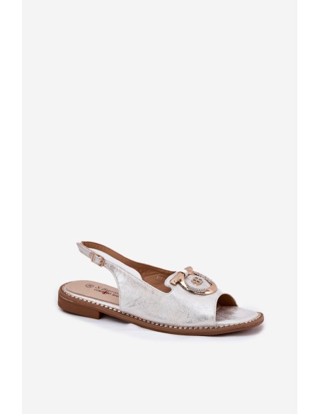 Elegant Sandals With Decoration On Flat Heel S.Barski KV51-003 Silver