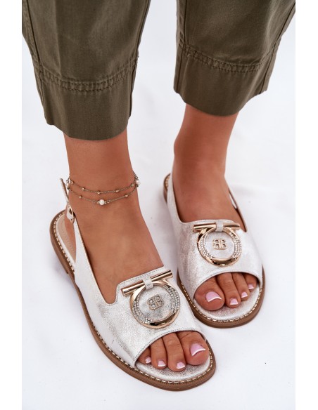Elegant Sandals With Decoration On Flat Heel S.Barski KV51-003 Silver