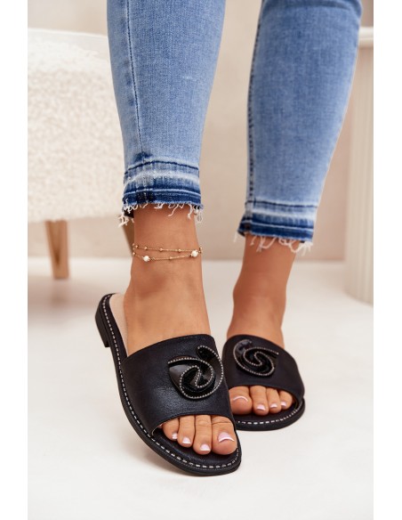 Women's Flat Sandals With Decorative Detail KV51-007 Black
