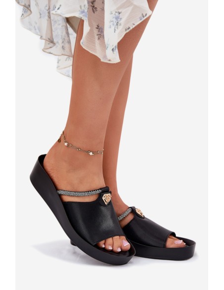 Leather Women's Slippers With Decorative Strap KV51-034 Black