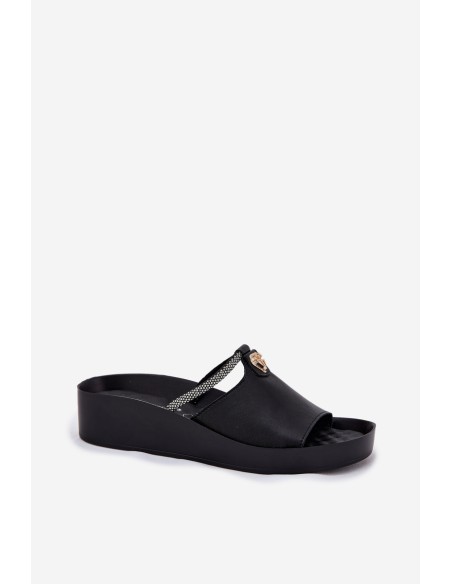 Leather Women's Slippers With Decorative Strap KV51-034 Black