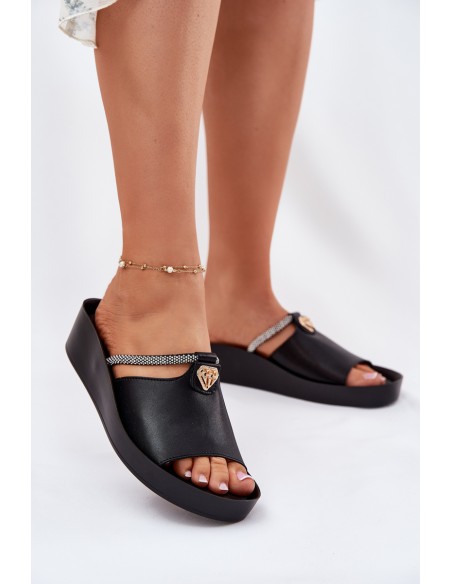 Leather Women's Slippers With Decorative Strap KV51-034 Black