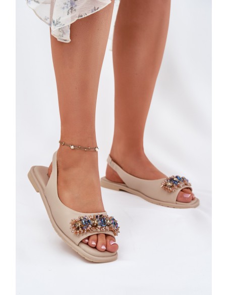 Women Flat Sandals With Crystals S.Barski KV51-079 Beige