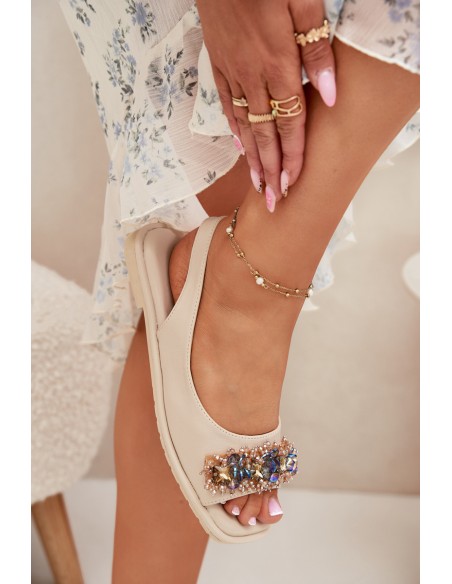 Women Flat Sandals With Crystals S.Barski KV51-079 Beige