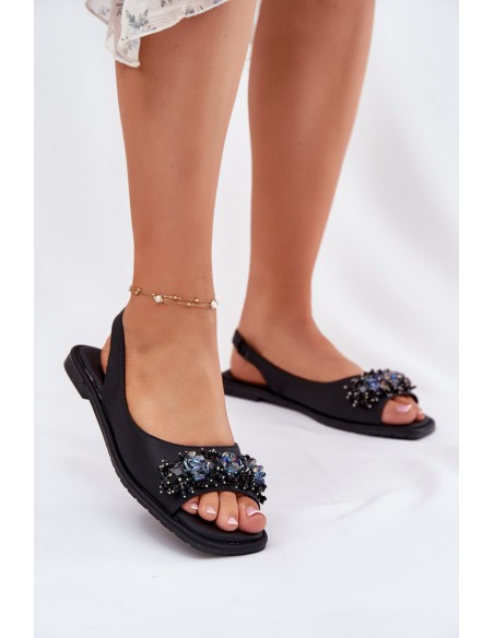 Ladies Flat Sandals With Crystals Black S.Barski KV51-079
