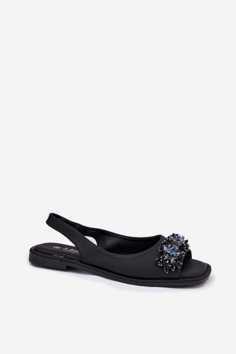 Ladies Flat Sandals With Crystals Black S.Barski KV51-079